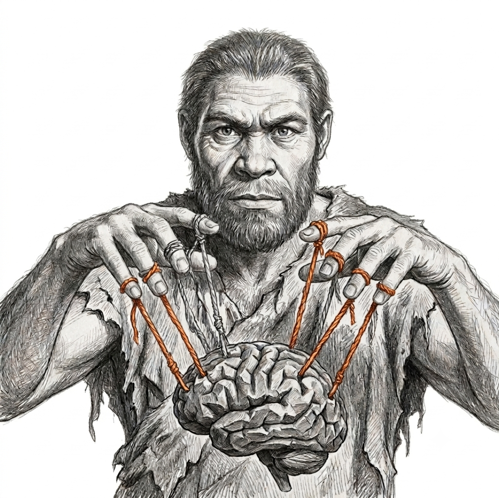 Homo habilis regge un cervello con fili arancioni legati alle dita
